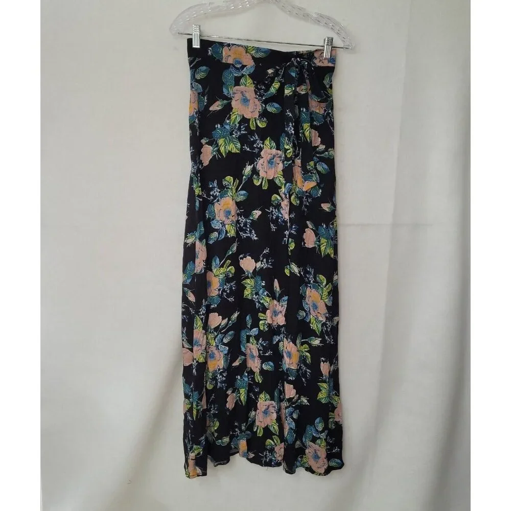 Xhilaration Skirt Womens XS Black Floral Slit Font Pull On Tie Side Midi Rayon